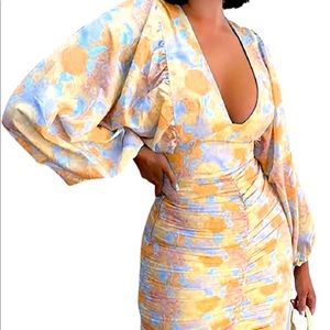 C.AMOUR Floral Print Long Sleeve Deep V Neck Bodycon Party Frilled Dress
